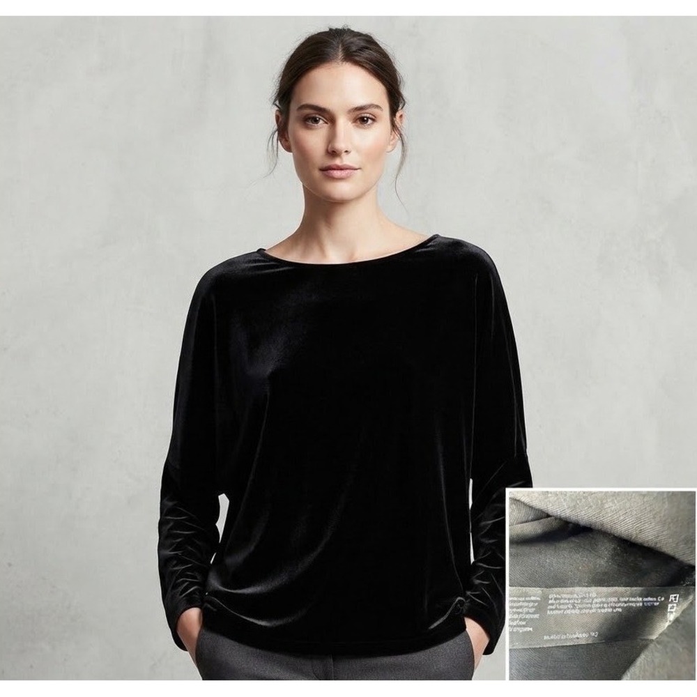 Eileen Fisher Black Silk Blend Velvet V-Neck Boxy Top Womens XL Long Sleeve